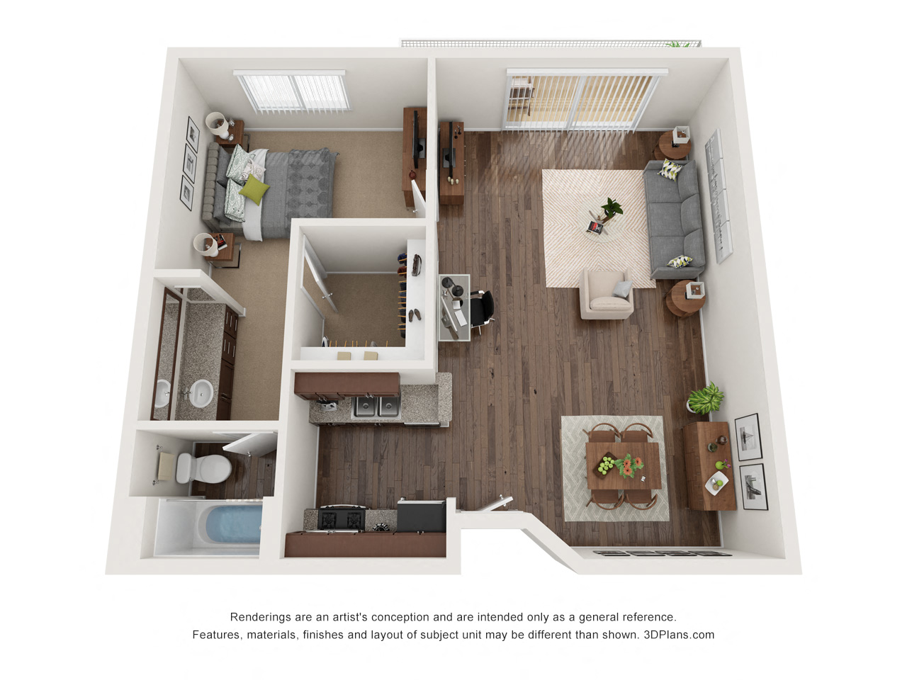 Floor plan for 1 bed, 1 bath, 742 sqft
